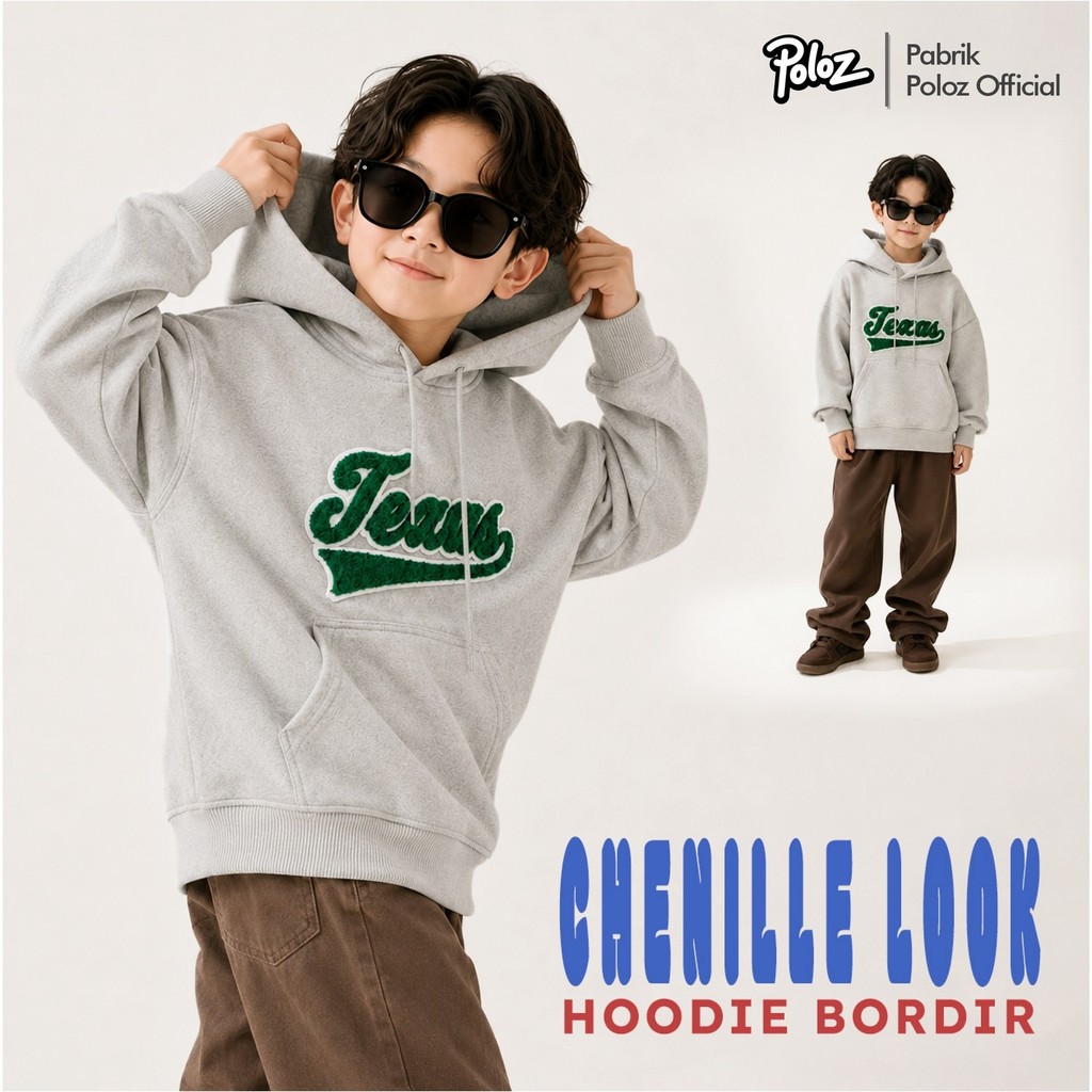 Sweater Hoodie Anak Bordir chenille Texas | Hoodie Bordir Towl Texas Anak | Bahan Fleece Nyaman & Le