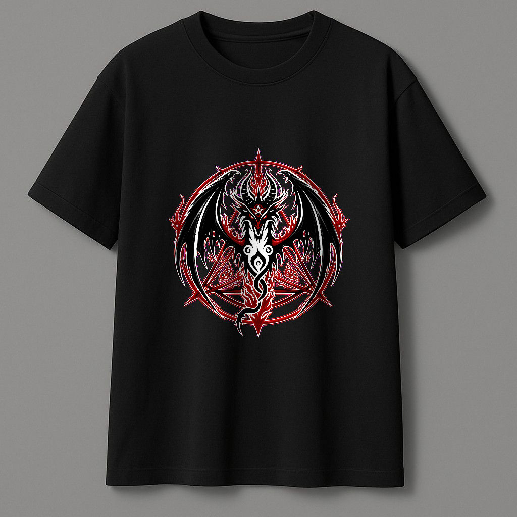 Kaos Pendek Motif Naga Iblis Gothic Dengan Sayap Dan Simbol Api, Desain Kaos Metal Bergaya Bold Untu