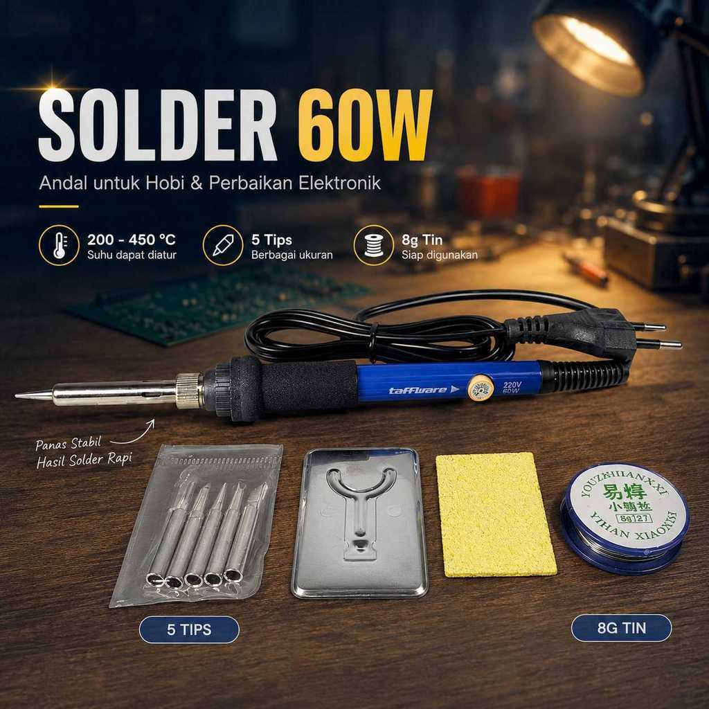 Taffware Solder Adjustable Temperature Fast Heating 60W 5 Tips 8g Tin - CS-31 C
