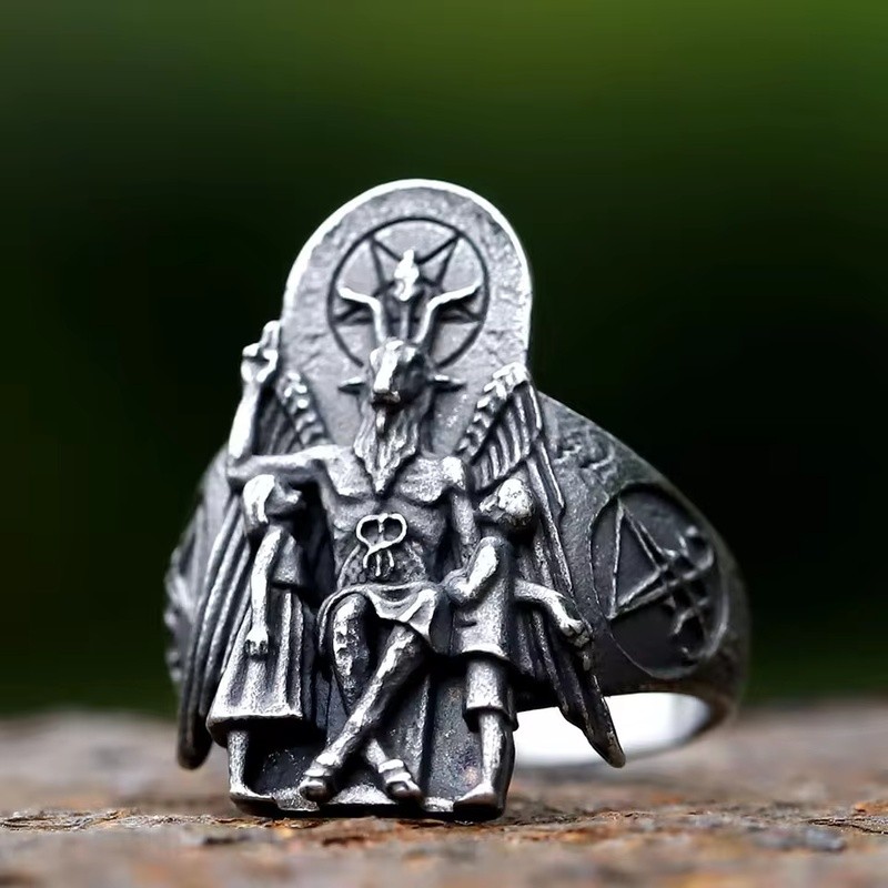 Cincin Vintage EW Lucifer Satan untuk Pria dengan Anubis, Cincin Signet dari Baja Anti Karat, Perhia