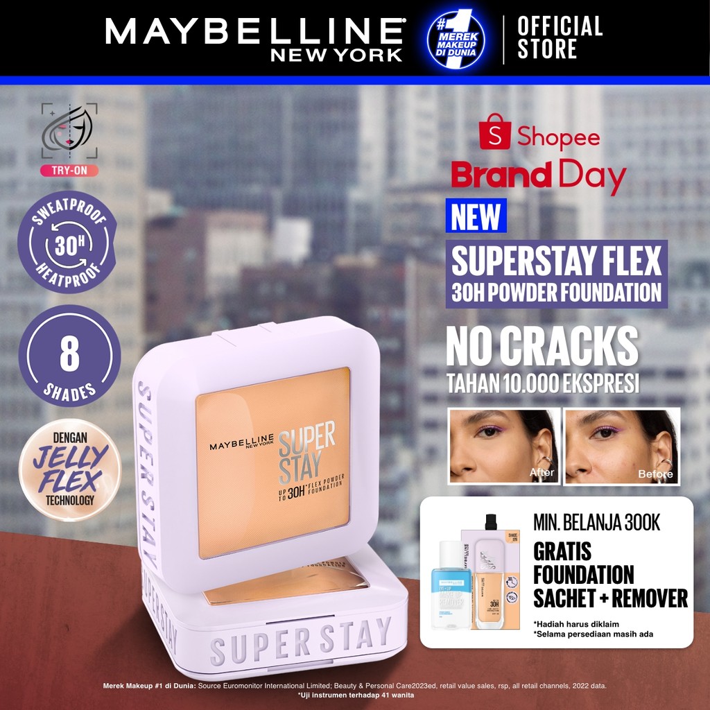 [BARU] MAYBELLINE OFFICIAL Superstay Flex Powder 30H Longwear Powder Foundation Two-Way Cake Oil Con