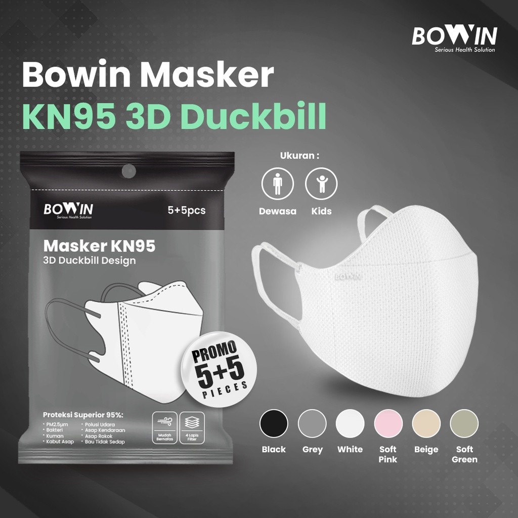 Bowin Masker KN95 - Duckbill 3D (Filter ≥95% BFE PFE) Masker Kesehatan / Masker Medis / Masker 3D
