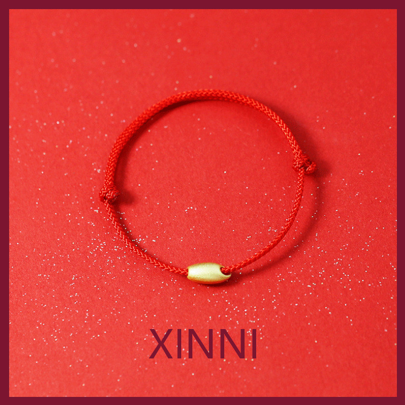 XINNI Gelang Millet Emas Tali Merah untuk Pria dan Wanita Pasangan Manik-manik Bulat Emas Murni 3D