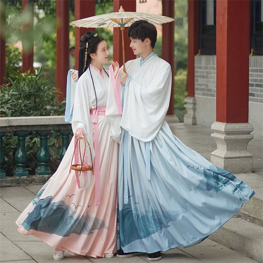 Hanfu Couples inese Trational Cosplay Costume Halloween Cos Costume Men&Women Ancient Hanfu Blue Set