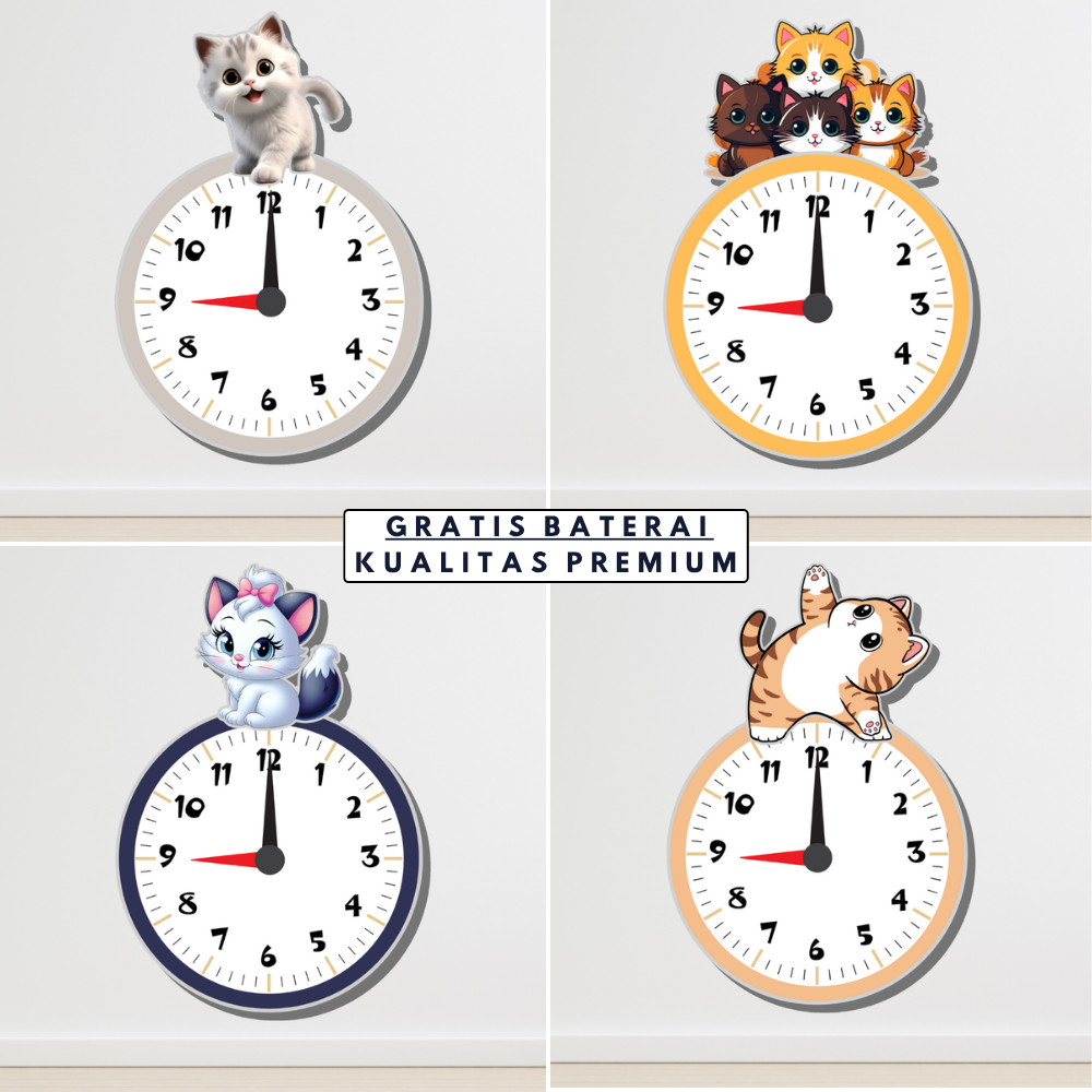 Jam Dinding Kucing Lucu Unik Karakter Kartun – Gratis Baterai