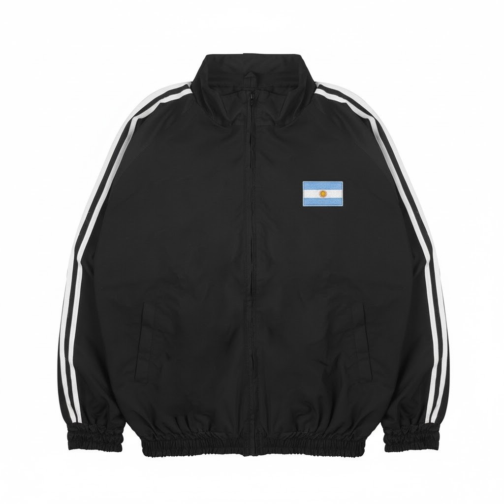 Edisi Piala Dunia 2026 - Tracktop Jacket Olahraga Sporty Outdoor Unisex Hitam List Putih Flag ARGENT