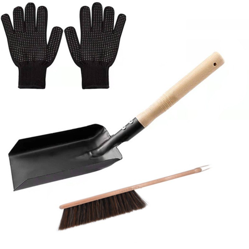 Fireplace Cleaning Set, Fireplace Shovel Brush Set Brush Silicone Gloves Fireplace Tool with Shovel