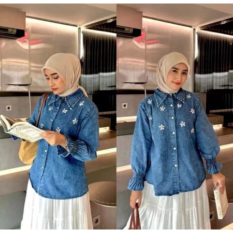 KEMEJA JEANS BORDIR// ATASAN WANITA BORDIL JEANS LD 110 120