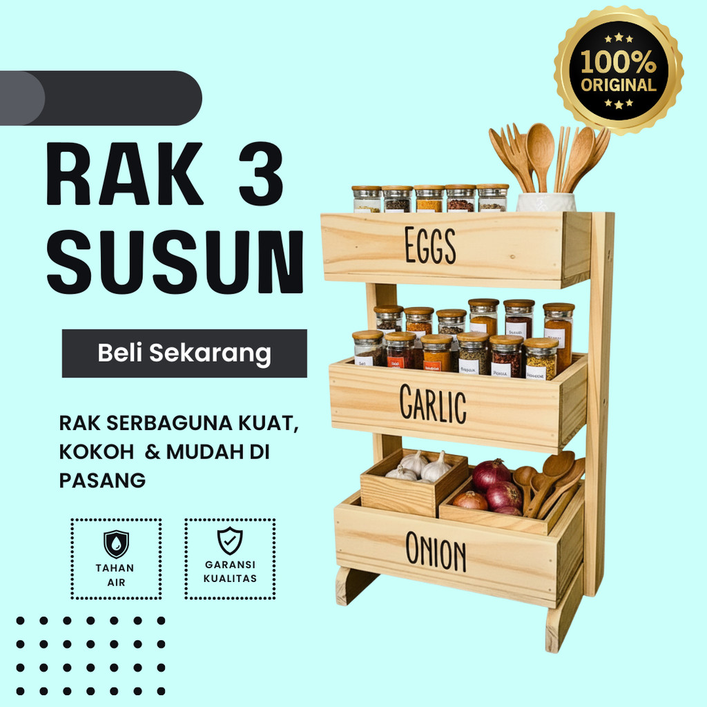 RAK BUMBU SAYUR 3 SUSUN BAHAN KAYU JATI BELANDA