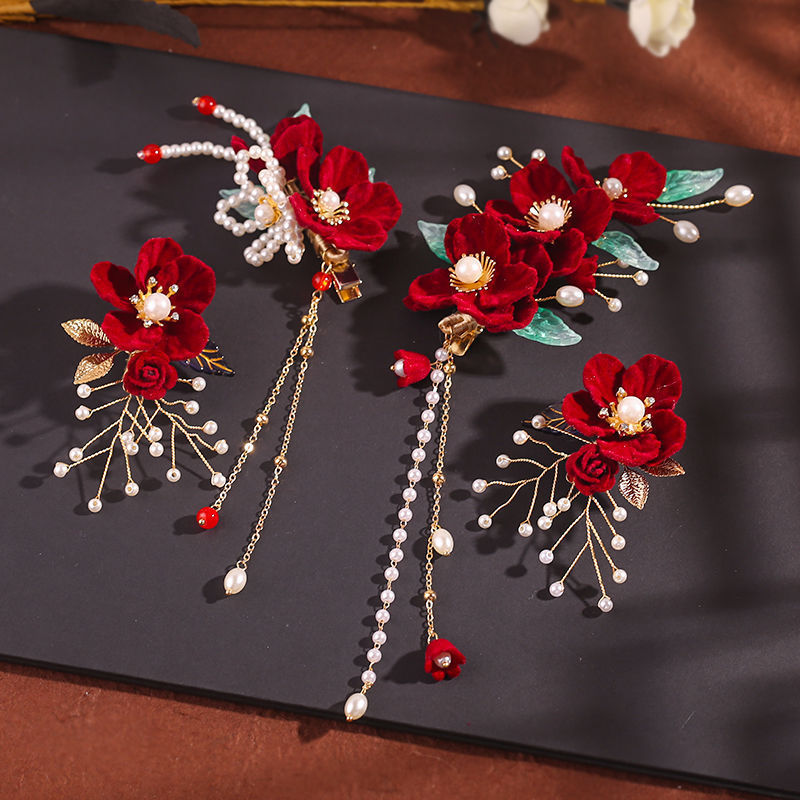 Aksesori Rambut Xiuhe Hanfu Merah Gaya Cina Kuno Set Lengkap Klip Aksesori Cheongsam dengan Rumbai