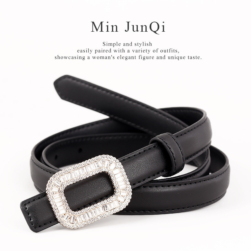 Sabuk Wanita dengan Gesper Persegi Berlian Kulit Asli Fashion Sabuk Tipis Sederhana