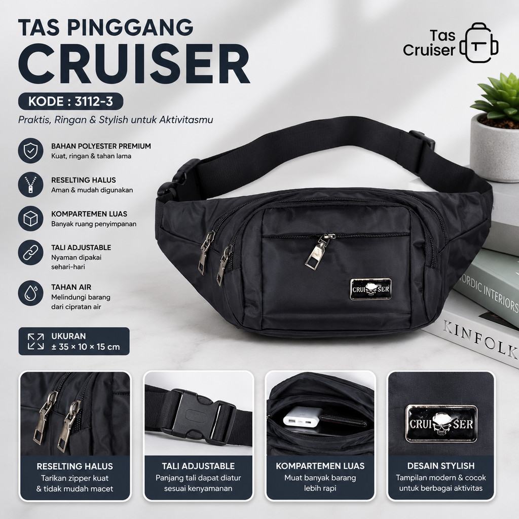 Tas Pinggang Cruiser 3112-3 3 Resleting Waist Bag Pria Wanita Waterproof Tas Selempang Travel
