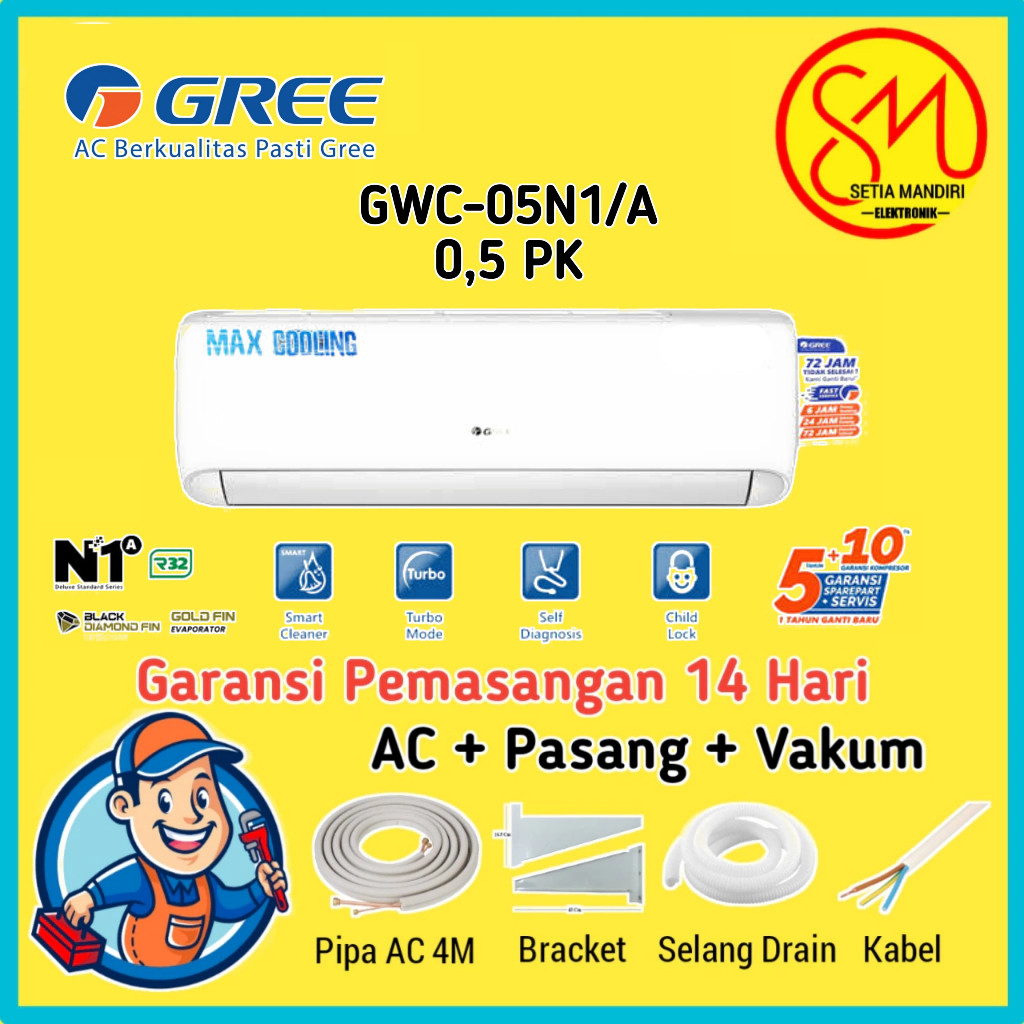 BR GREE AC DELUXE STANDARD N1 Series - 1/2PK - GWC-05N1 - KOMPRESSOR BLACK DIAMOND FIN - PUTIH