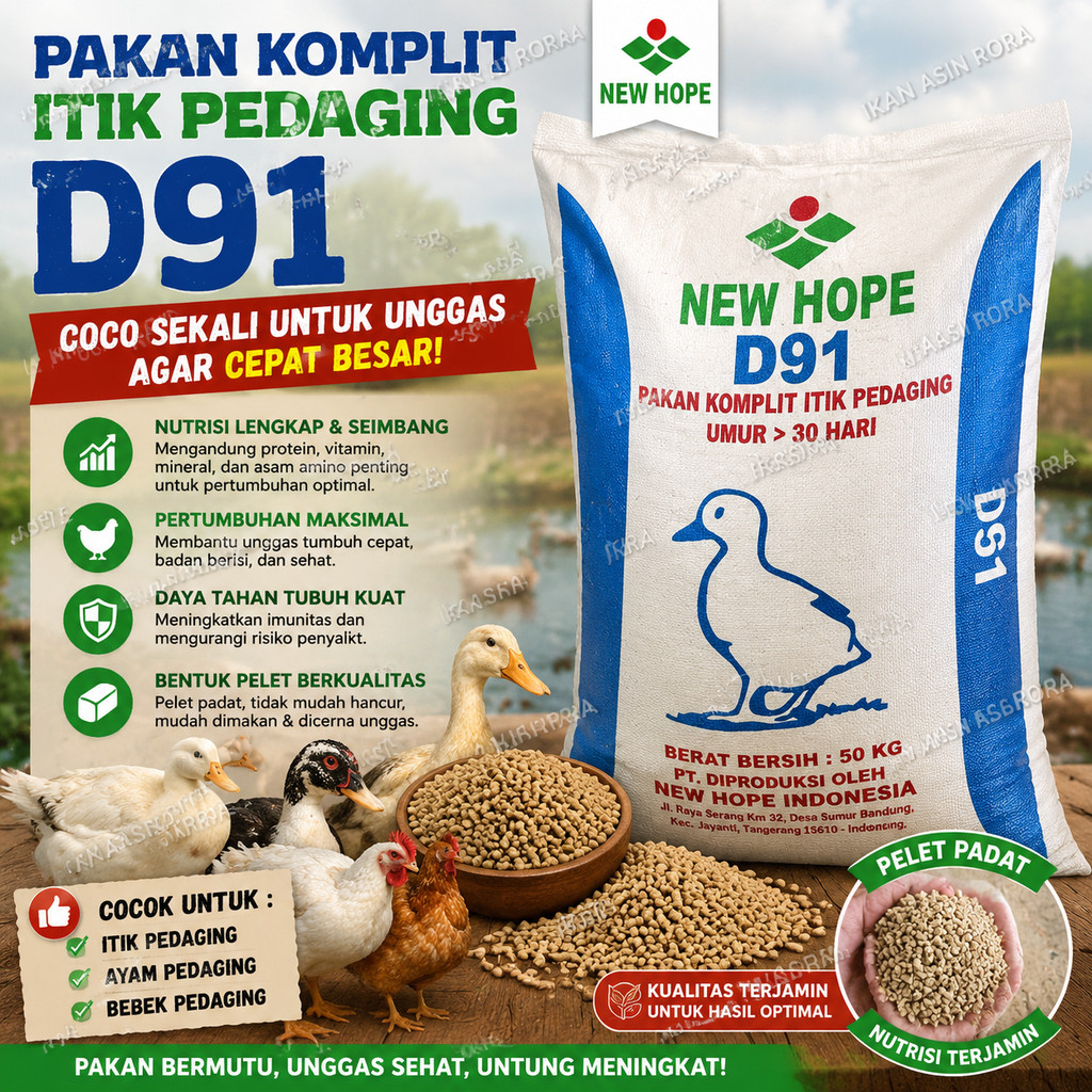D91 NEW HOPE  PAKAN PELET BEBEK, ENTOG, AYAM PEDAGING PUR ITIK POTONG NEWHOPE 1KG