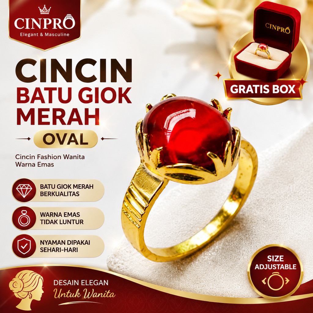 Cincin Batu Giok Merah Oval Cinpro Store Ring Emas untuk Wanita cincin batu merah cincin Wanita eleg
