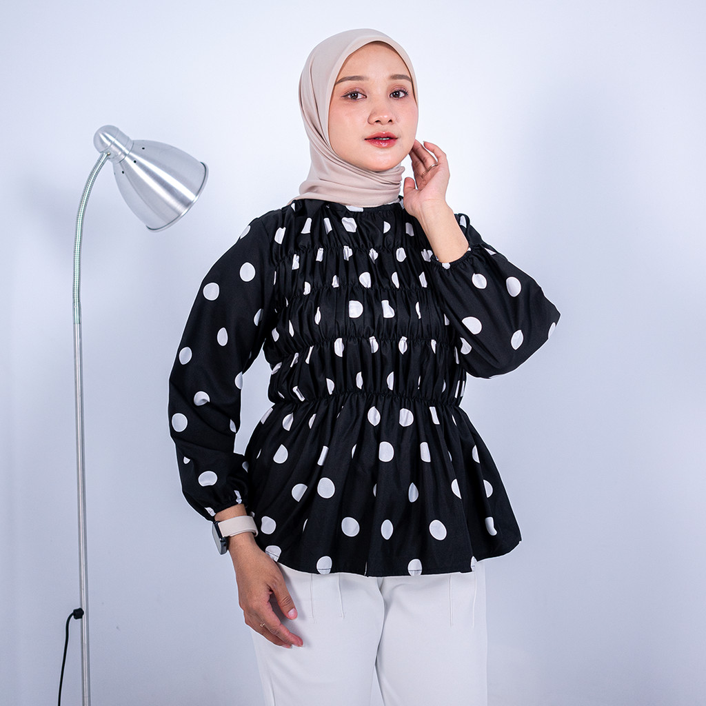 FAFA Kemeja Atasan Polkadot Wanita Lengan Panjang Blouse Kerut Dada KEMALA