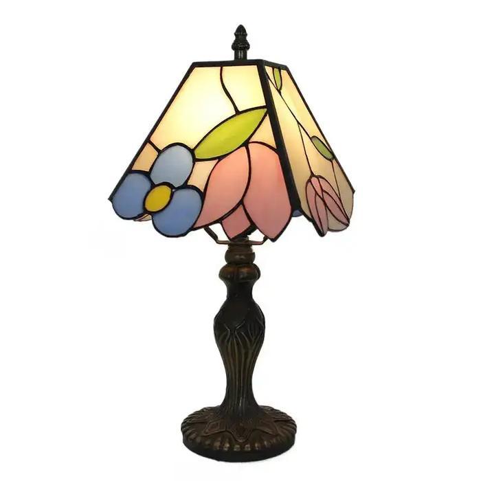 Lampu Meja Kaca Patri Tiffany Kotak Motif Mawar Antik Lampu Hias Vintage Romantis