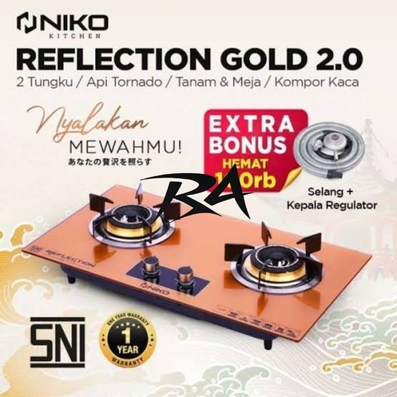 III KOMPOR NIKO TEMPERED GLASS GAS STOVE REFLECTION GOLD 2.0 TOP ON TABLE MEJA TANAM DITANAM PELAT P
