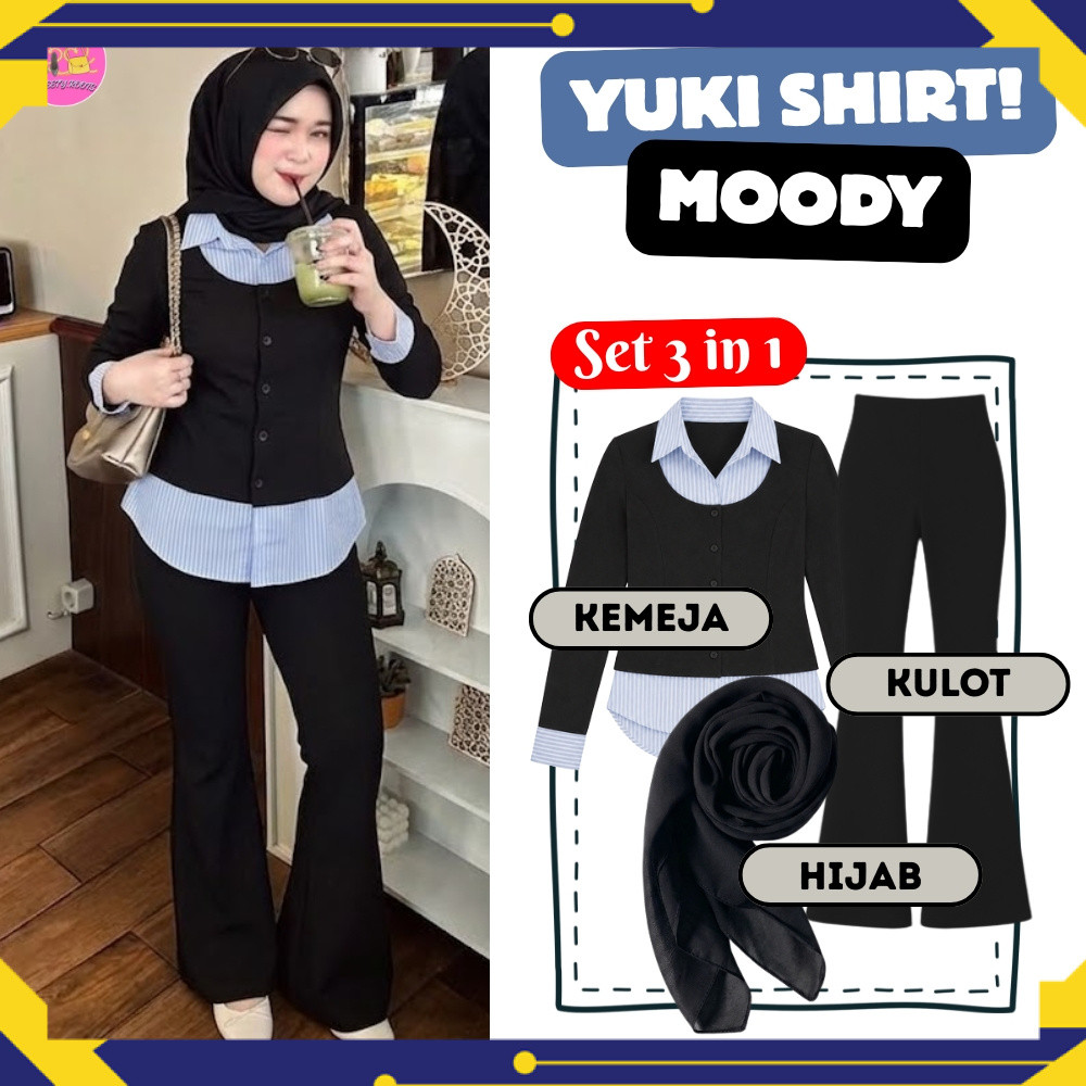 Setelan Yuki Shirt Moody 3 in 1 Kekinian Korean Style (Kemeja Yuki, Kulot Cutbray, Hijab Bella) Simp