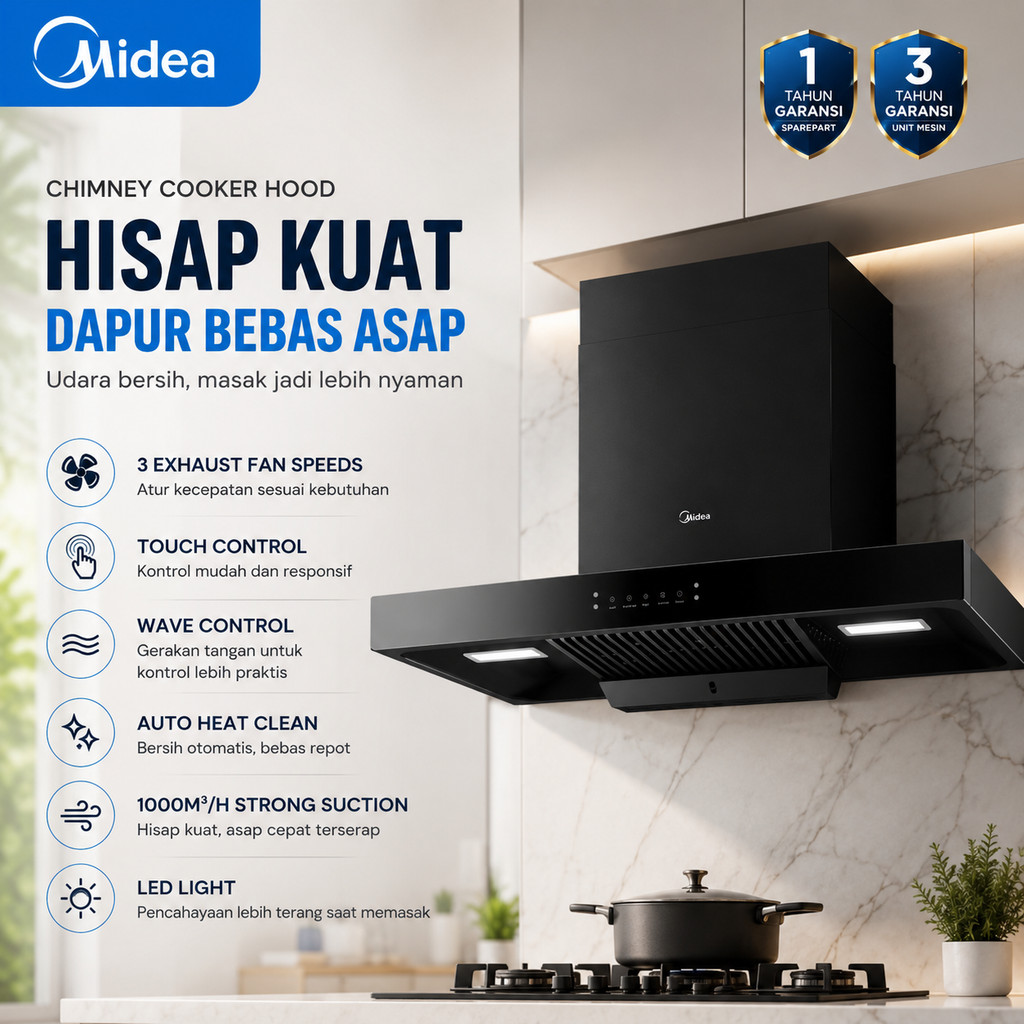 Midea Chimney Cooker Hood MH90M88ET23BJ-ID | Touch Control | Wave Control | Auto Heat Clean Garansi 