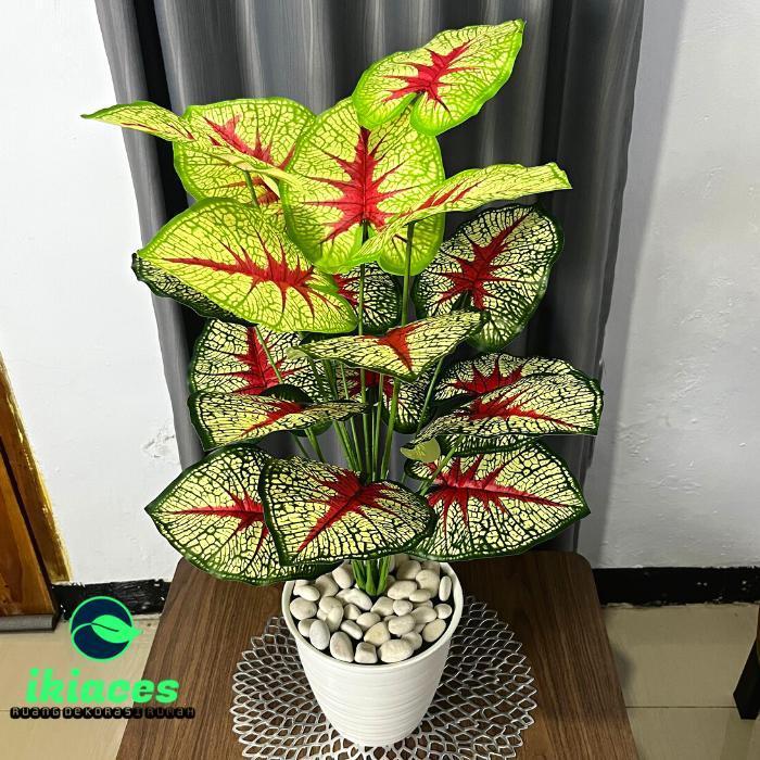 DAUN AGLONEMA ARTIFICIAL DAUN MONSTERA PLASTIK BUNGA KELADI HIAS MURAH - POT PUTIH