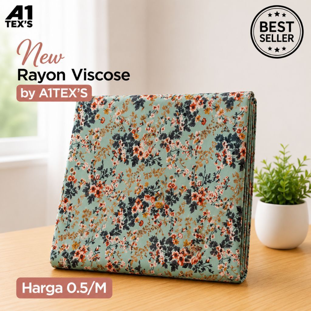 Kain Katun Rayon Viscose Premium - Kain Rayon Viscose Premium Motif Bunga Floral Mint Best Seller 0,