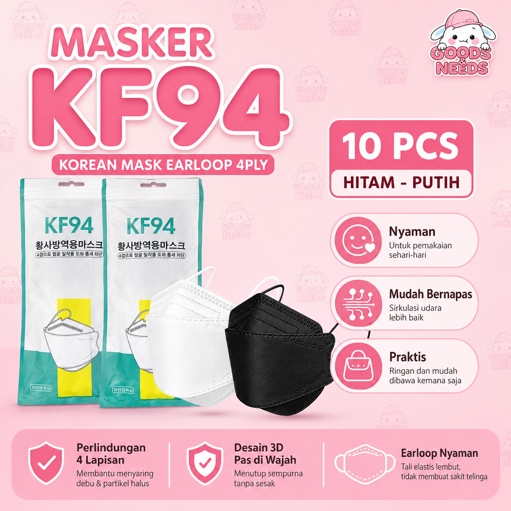 A3A G&N MASKER KF94 EARLOOP 4PLY FACEMASK ISI 10 PCS WARNA HITAM PUTIH TRANDING