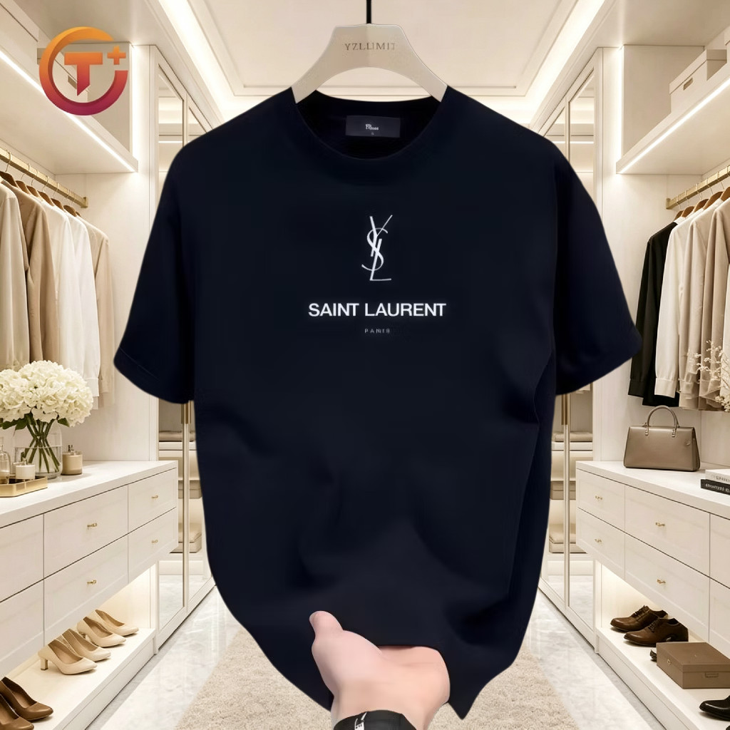 Kaos pria merek T+ logo SAINT LAURENT minimalis di depan, layanan COD tersedia, kemeja polos elegan 