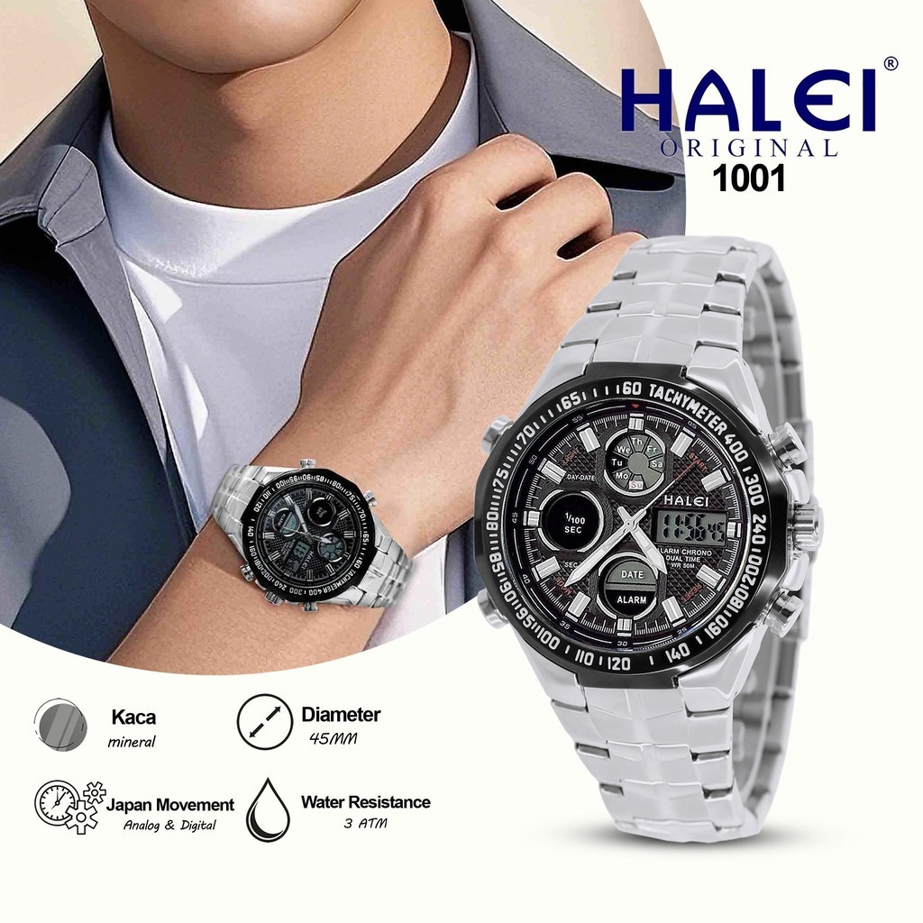 HALEI IND 1001 - Bergaransi Jam Tangan Digital Pria Original Tali Rantai Stainless Anti Air 5 Fitur