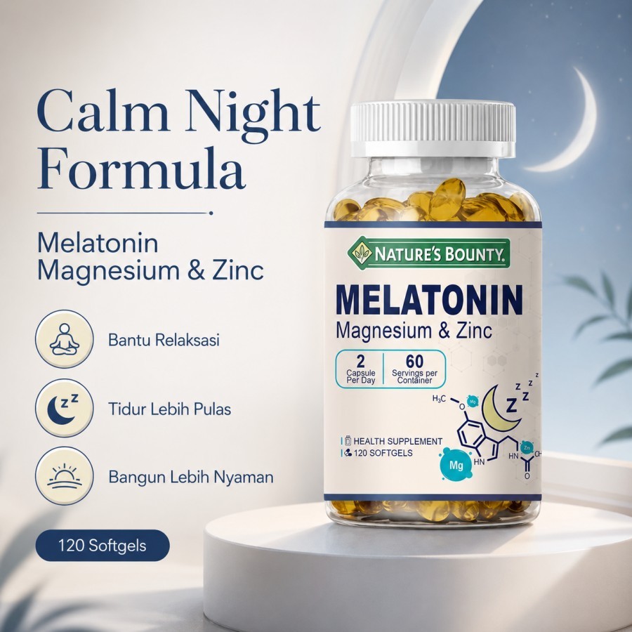 Nature’s Bounty Melatonin+Magnesium+Zinc 120 Softgel Suplemen Relaksasi Malam Dengan Magnesium Glyci