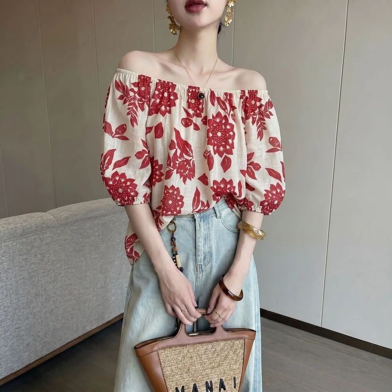 Blus sifon kasual chic bermotif bunga ala Prancis untuk wanita