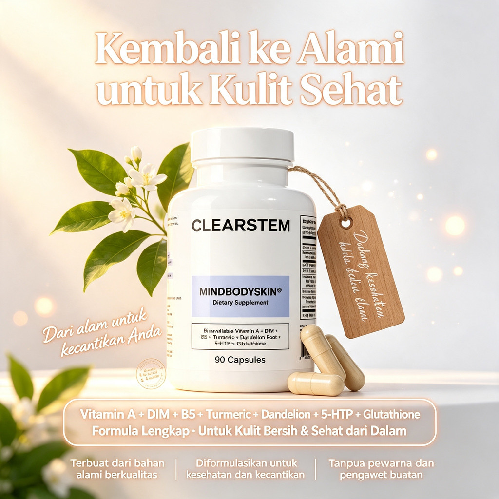 CLEARSTEM MINDBODYSKIN 90 Kapsul, Vitamin Bioavailable A, DIM, B5, Kunyit, Akar Dandelion dan H-HTP,