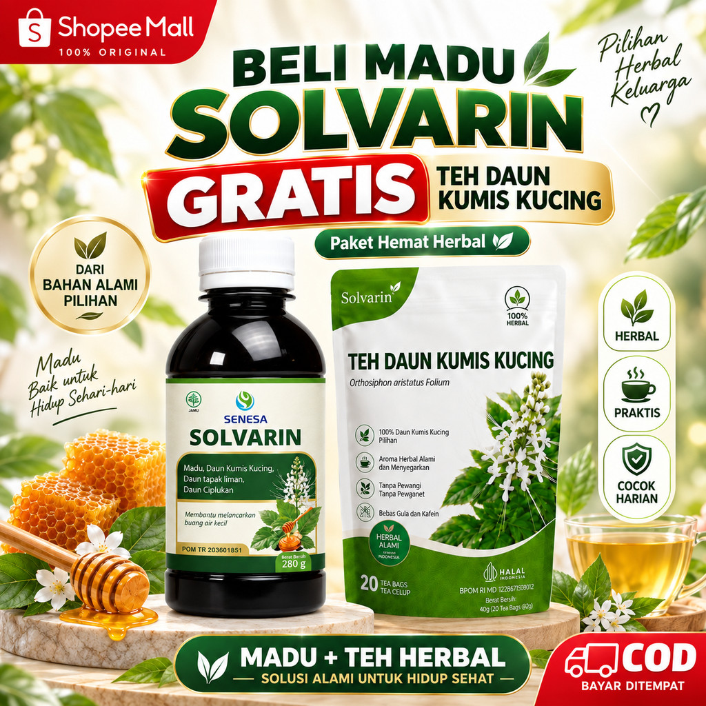 Bundling SOLVARIN Madu Free Teh Kumis Kucing - Obat Kencing Batu Ginjal Prostat