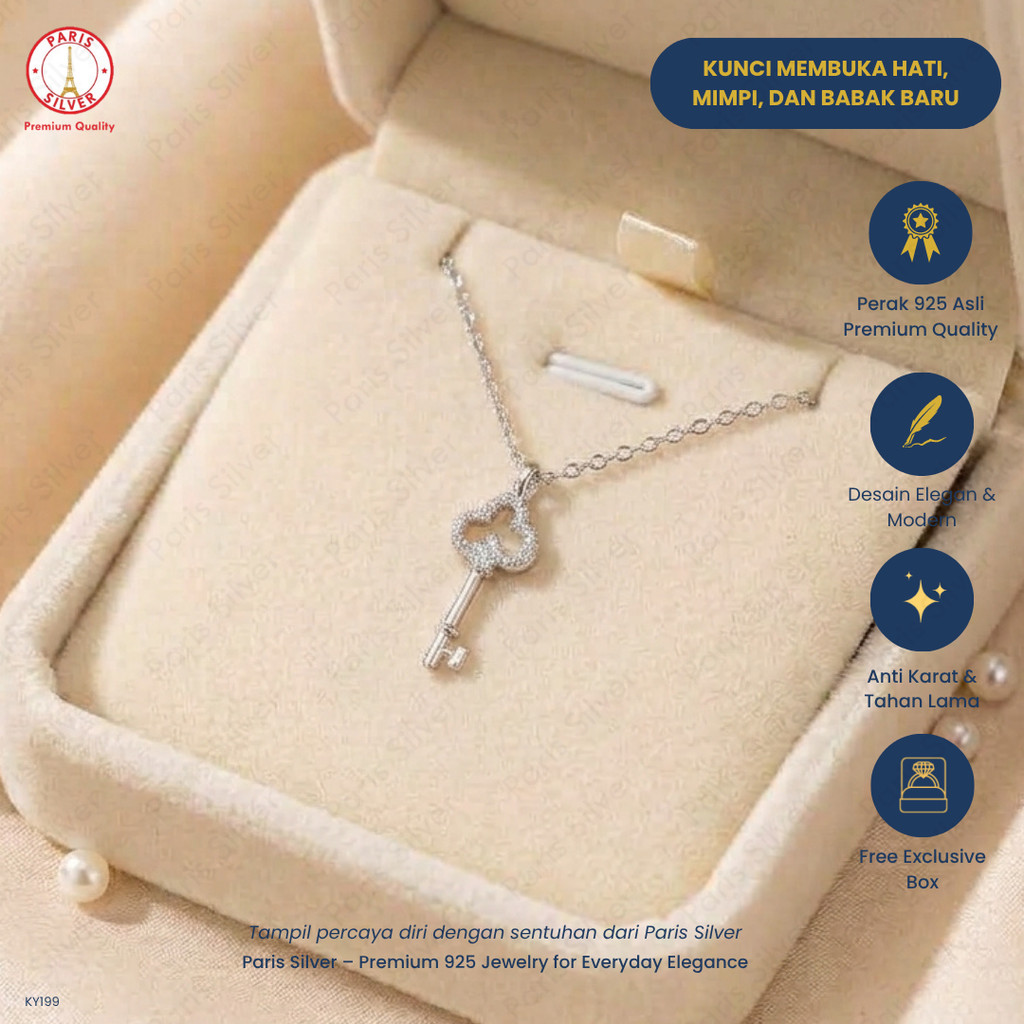 Kalung Perak Wanita Asli 925 Liontin Kunci Hati Silver Lapis Emas Putih Anggun Elegan