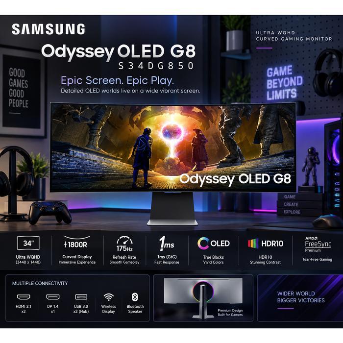 Monitor Samsung Odyssey G8 S34DG850 Monitor Gaming PC OLED 34 Inch WQHD 175Hz Lengkung 1800R Wireles
