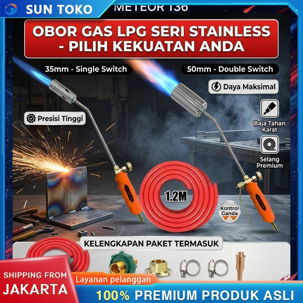 Obor Gas LPG Burner Kepala Gas Torch Alat Bakar Babi Stainless Steel Ukuran 35mm 50mm Saklar Tunggal
