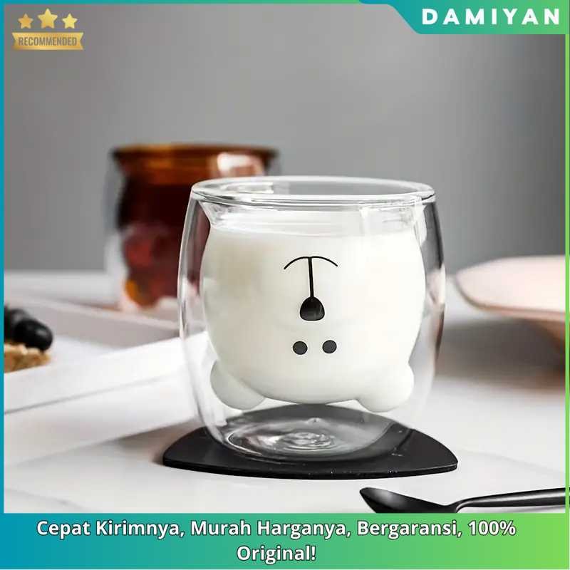 [DMY] Gelas Kaca Double Wall 250ml - Bear Glass Tahan Panas - Gelas Kopi Aesthetic Lucu