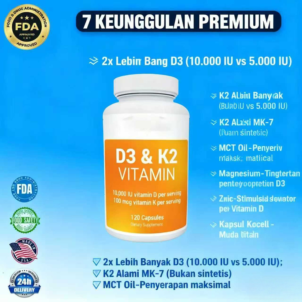 Vitamin D3 K2 10,000 IU - 120 Kapsul - Kesehatan Tulang, Otot, Imunitas, Dr. Berg Formula CO1570