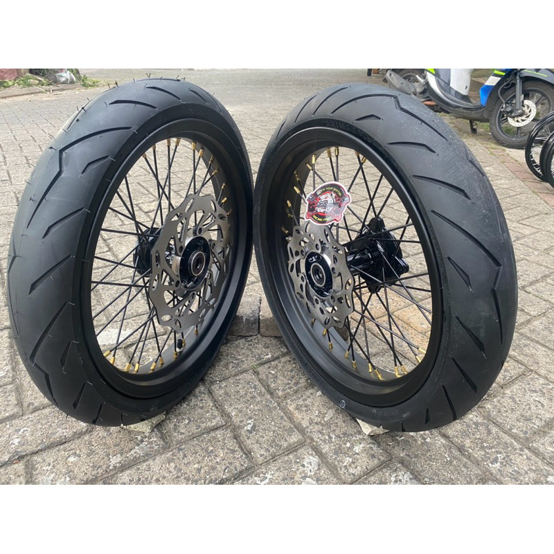 SEPAKET VELG SUPERMOTO KLX 150L D TRACKER SET BAN PLUB  AND PLAY FRE CAKRAM DEPAN BELAKANG
