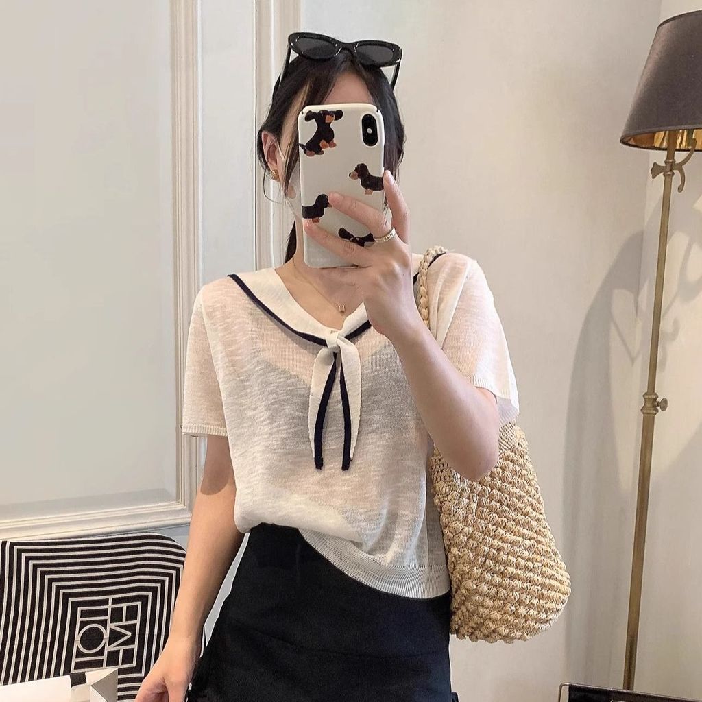 [Enamor] Atasan wanita lengan pendek rajutan model baru untuk musim panas dengan desain kerah biru l