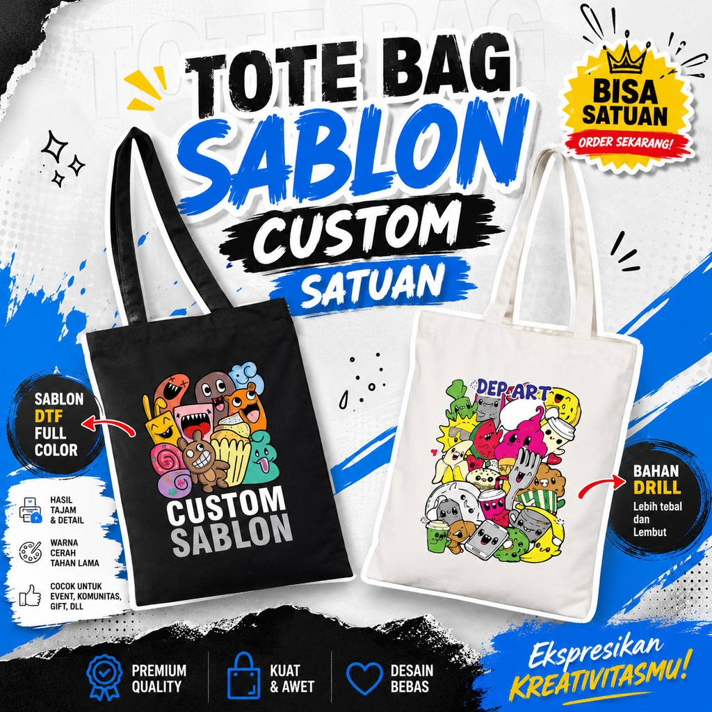 TERMURAH  Tas Tote Bag Custom | Goodie Bag Sablon Custom Satuan