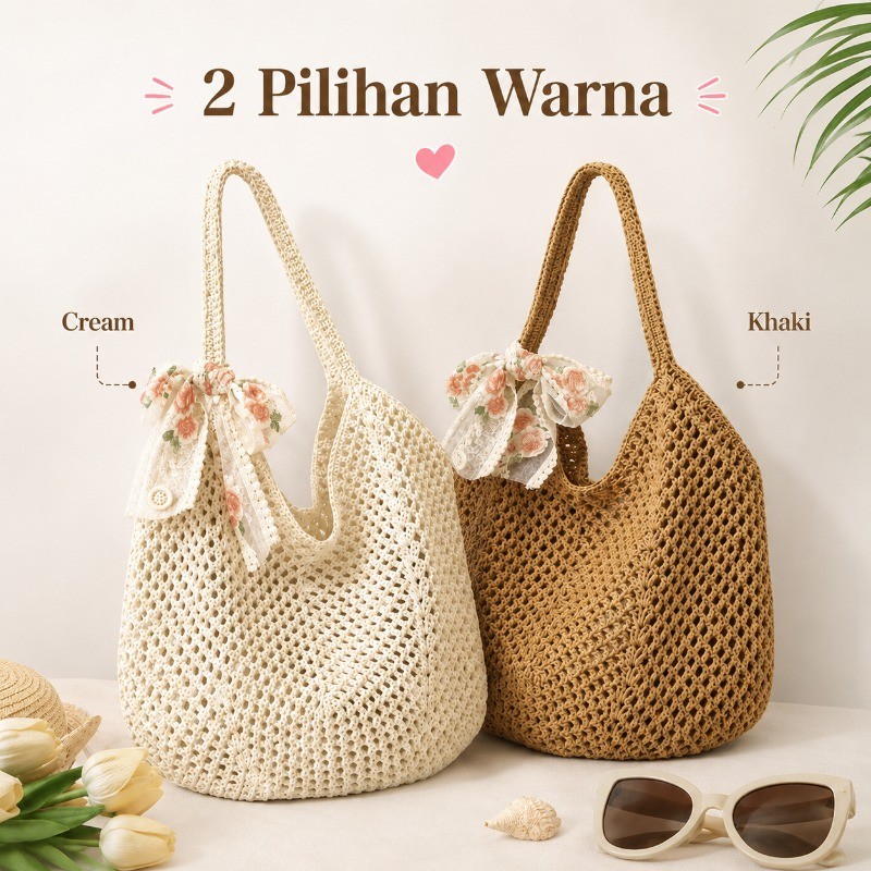 OFFICIAL Tote Bag Rajut Wanita Korea Crochet Bag Tas Kasual Pantai Tas Pantai Bali Tote Bag As