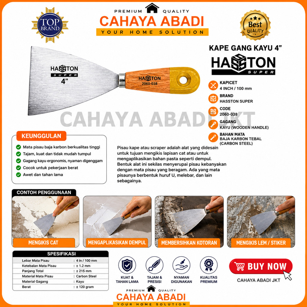 Kape Gagang Kayu HASSTON SUPER 4 Inch | Pisau Kape Scraper Dempul Cat Baja Karbon 100mm Original