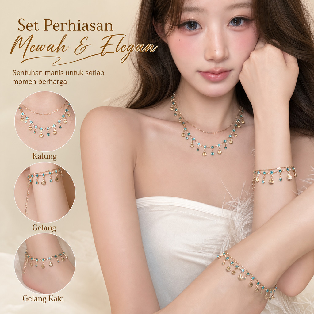 Set Perhiasan Kerang Kristal Biru Kalung Gelang Tangan Kaki