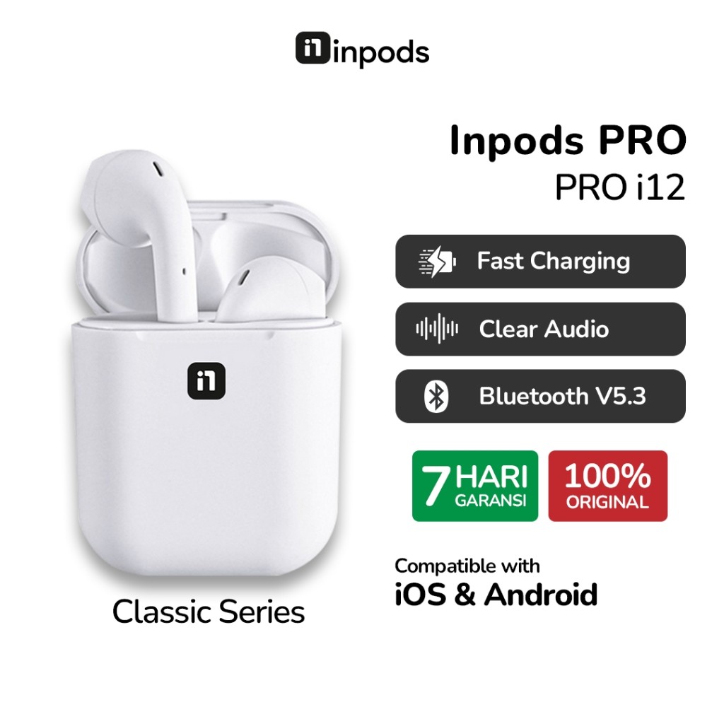 InPods Pro i12 White Classic TWS Headset Bluetooth Wireless Earphone Mic Jernih for Android iOS i12