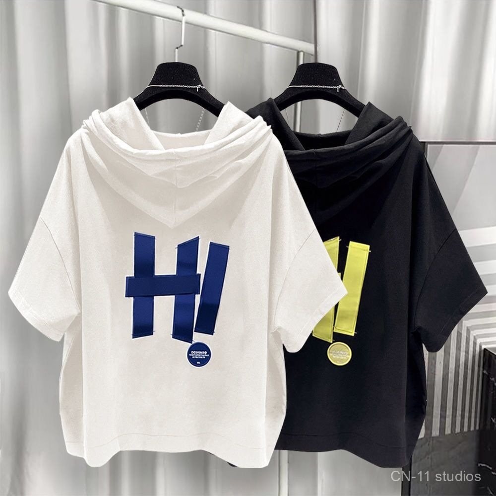 T-shirt hoodie pendek longgar pria bahan bernapas dua pilihan warna netral gaya korea pria muda