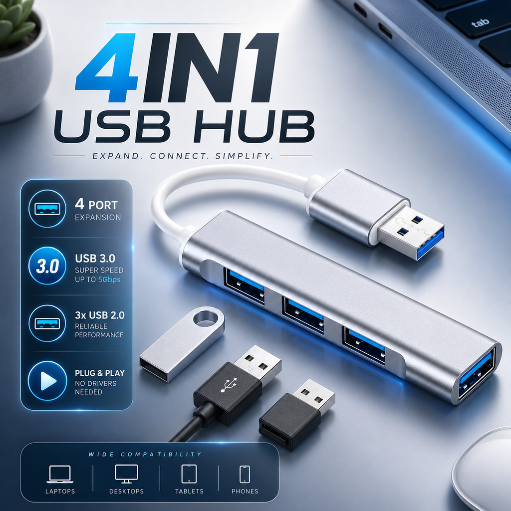 USB Hub 4 Port Cabang USB 3.0 5Gbps 3 USB 2.0 480Mbps High Speed Plug And Play Hot Swap Tanpa Adapto