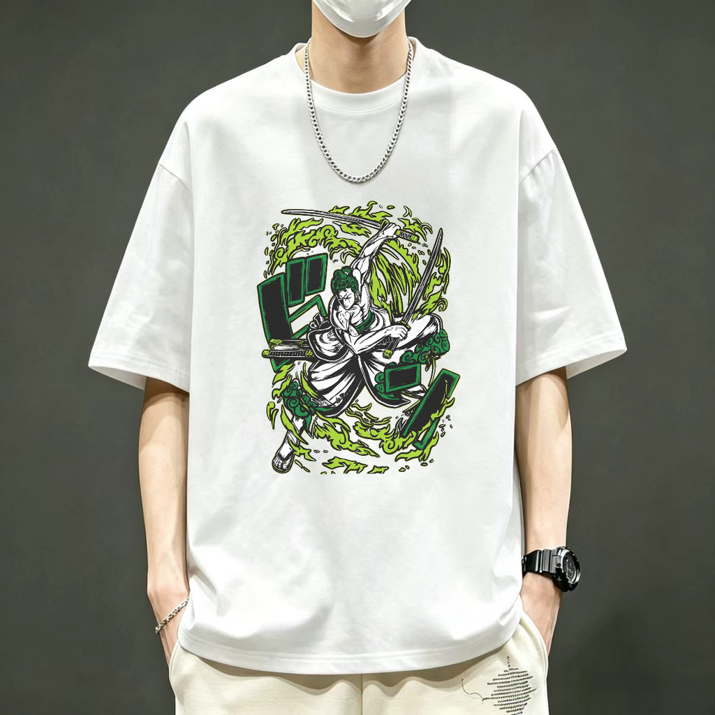 Kaos Pria Anime Samurai Pedang Hijau Kaos Lengan Pendek Kaos Distro American Style Grafis Pejuang Je