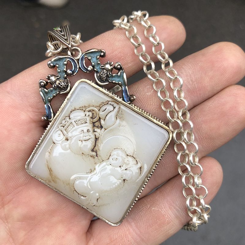 Grand Cloisonne Silver Maitreya Buddha Pendant dengan Rantai Kalung Perhiasan Pria dan Wanita