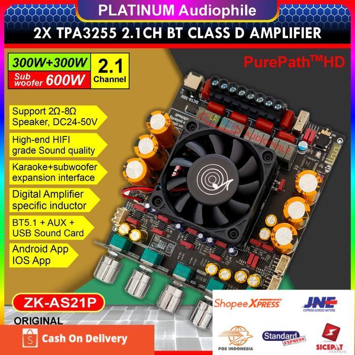 TPA3255 Amplifier Class D 2.1CH Bluetooth 5.1 Stereo + Subwoofer 2x 300W + 600W Original ZK-AS21P